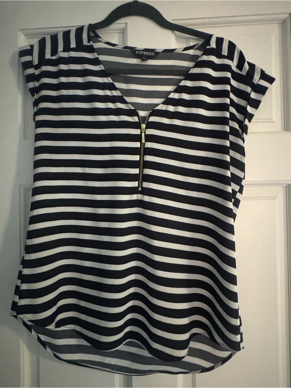 Express Black & White Striped V-Neck Zip Top